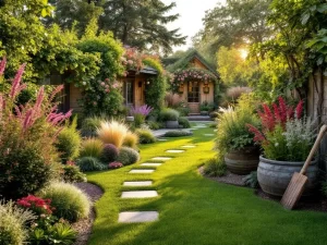 Moderne cottage tuin met kleurrijke borders, klimrozen, stenen paden en tuinhuisje in gouden avondlicht