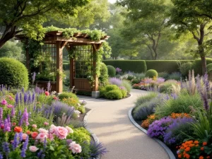 Moderne cottage tuin met kronkelende grindpaden, pergola met klimplanten, lavendel, rozen en buxushagen in ochtendlicht