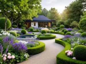 Moderne cottage tuin met buxushagen, lavendel, rozen en golvend grindpad naar waterelement met verlichting