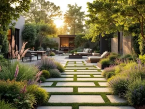 Moderne cottage tuin met gouden uurverlichting, geometrische paden, weelderige borders en eigentijdse zithoek