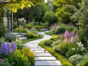 Moderne cottage tuin met kleurrijke vaste planten, siergrassen en stenen paden in gouden avondlicht