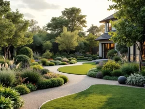 Moderne cottage tuin met kronkelende grindpaden, kleurrijke vaste planten en strakke stenen randen in gouden uurtje