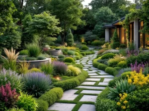 Moderne cottage tuin met geometrische paden, weelderige beplanting, waterpartij en professionele tuinverlichting