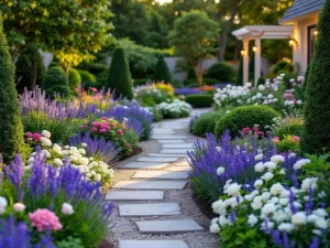 Moderne cottage tuin met kleurrijke bloemen, buxushagen, pergola en kronkelende paden in gouden avondlicht
