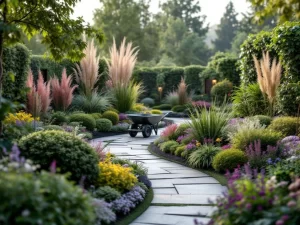Moderne cottage tuin met gebogen borders, vaste planten, natuurstenen paden en professionele tuingereedschap