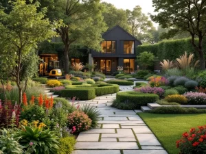 Moderne cottage tuin met kleurrijke borders, stenen pad en professionele tuinmachines in gouden avondlicht