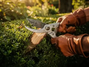 Professionele tuinschaar snijdt door dikke groene hegtak, tuinierhandschoenen in gouden ochtendlicht